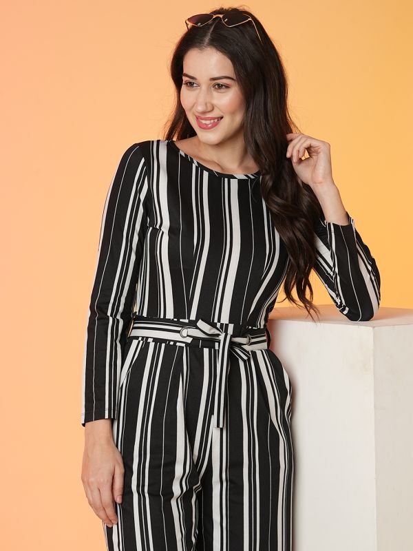 Globus Women Multi Black Striped Long Sleeve Jumpsuit