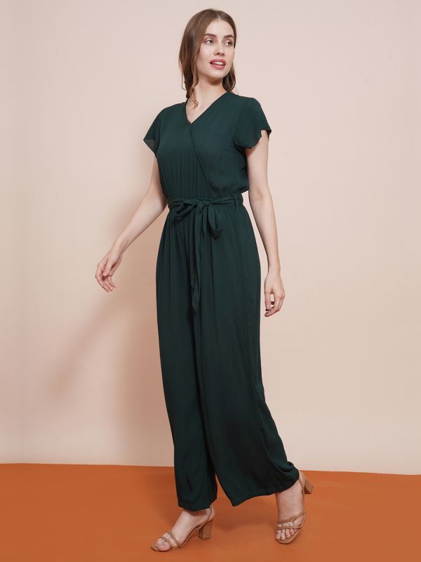 Globus Women Green Wrap Neck Cap Sleeves Waist Tie-Up Wide-Leg Jumpsuit