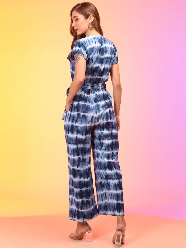 Globus Women Blue Tie & Dye V-Neck Wrap Waist Tie-Up Jumpsuit