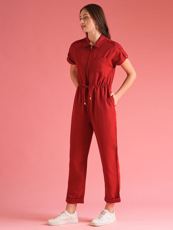 Globus Women Maroon Streetwear Fashion Boiler Jumpsuit