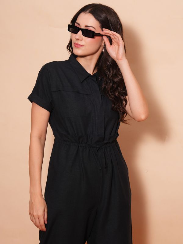 Globus Women Black Shirt Collar Waist Tie-Ups Cargo Style Wide Leg Casual Jumpsuit