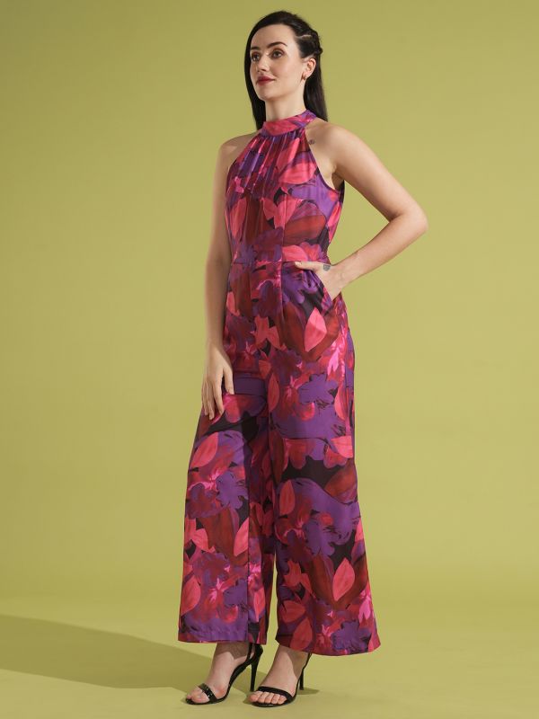 Globus Women Multi Floral Printed Tie-Up Halter Neck Party Jumpsuit