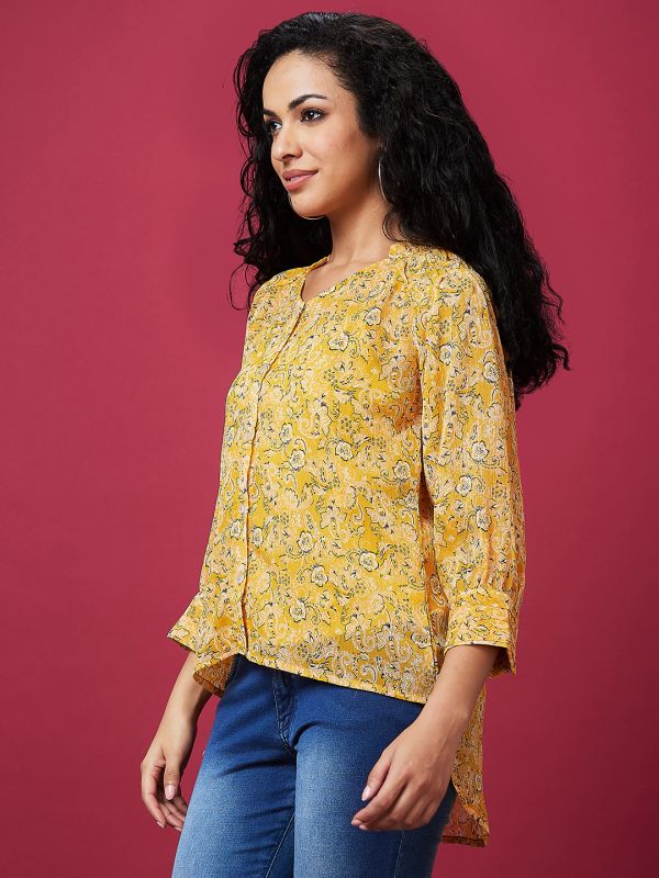 Globus Women Yellow Floral Print V-Neck Cuffed Sleeves Ruffle Top