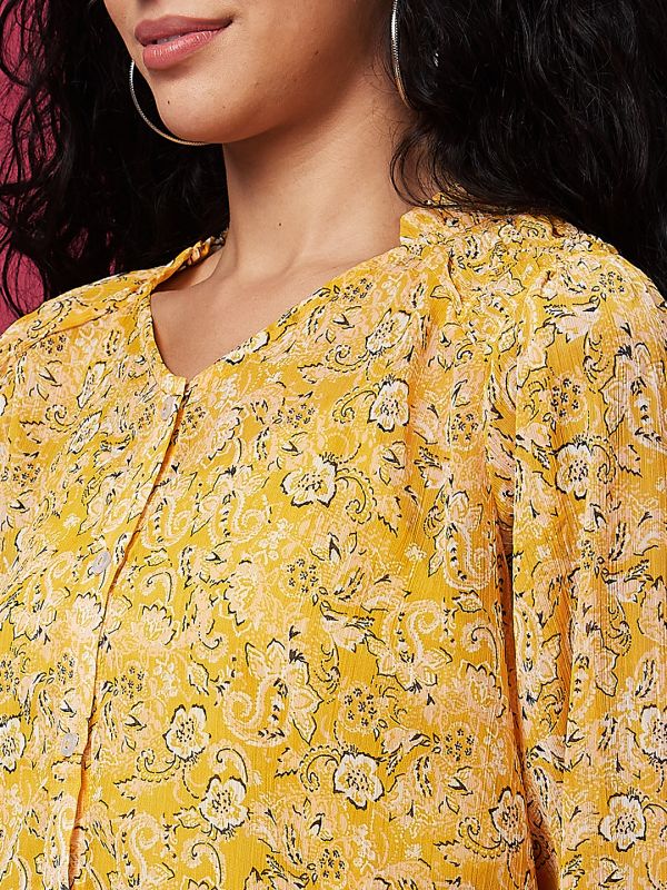 Globus Women Yellow Floral Print V-Neck Cuffed Sleeves Ruffle Top