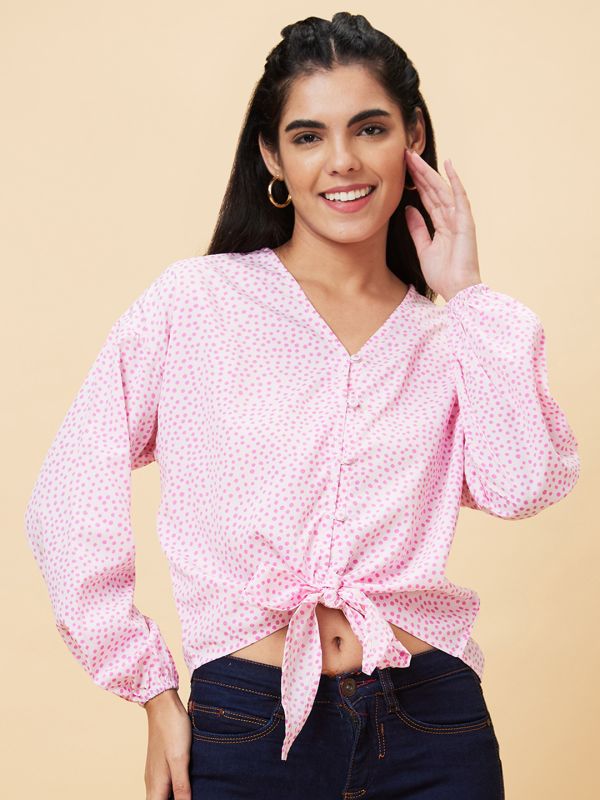 Globus Women Pink Printed V-Neck Casual Top