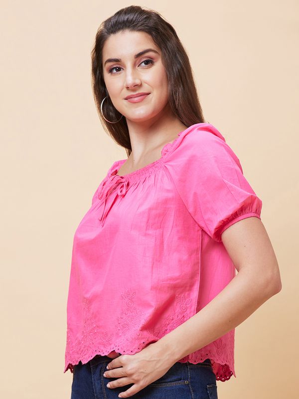 Globus Women Pink Solid Schiffli Square Neck Smocked Casual Top