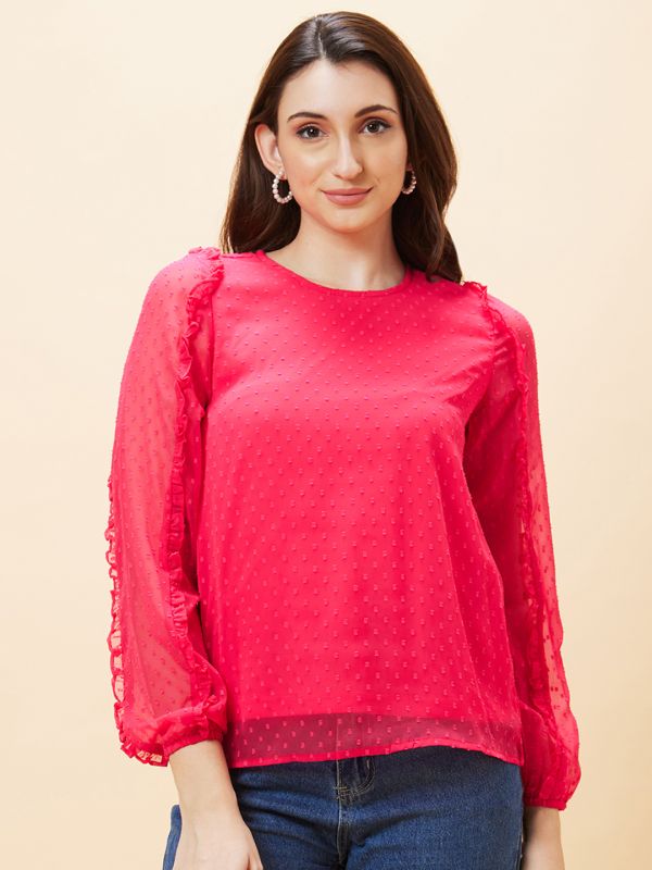 Globus Women Pink Self Design Round Neck Ruffled Top