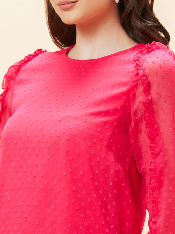 Globus Women Pink Self Design Round Neck Ruffled Top