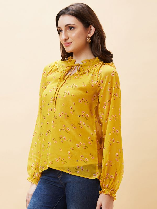 Globus Women Yellow Floral Print Ruffle Tie-Up Neck Top