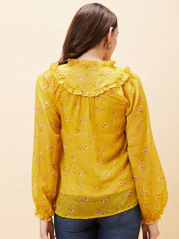 Globus Women Yellow Floral Print Ruffle Tie-Up Neck Top