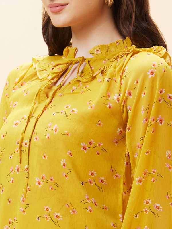 Globus Women Yellow Floral Print Ruffle Tie-Up Neck Top