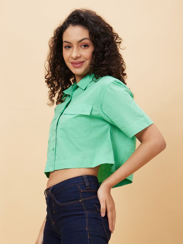 Globus Women Green Solid Casual Shirt Style Top
