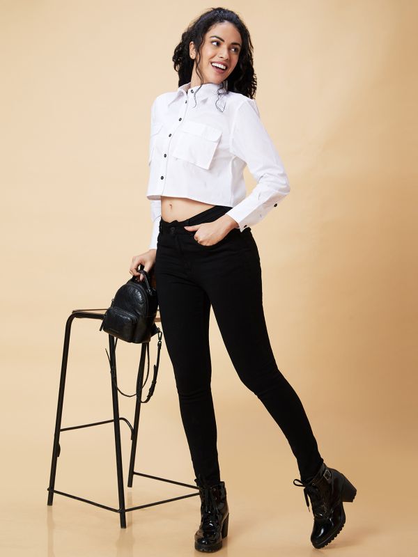 Globus Women White Solid Casual Shirt Style Crop Top