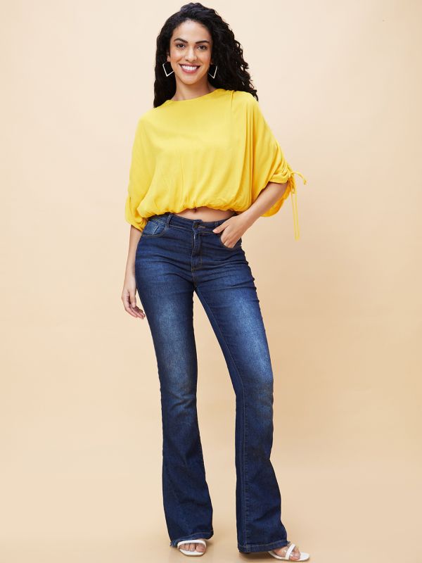 Globus Women Yellow Solid Round Neck Ruched Tie-Up Casual Crop Top