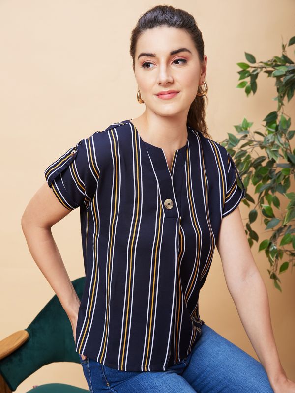 Globus Women Navy Striped V-Neck Casual Top