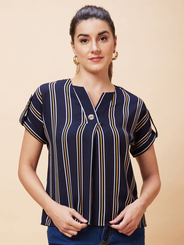 Globus Women Navy Striped V-Neck Casual Top