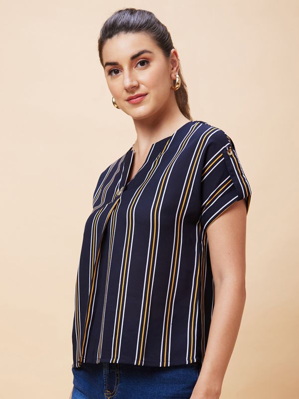 Globus Women Navy Striped V-Neck Casual Top