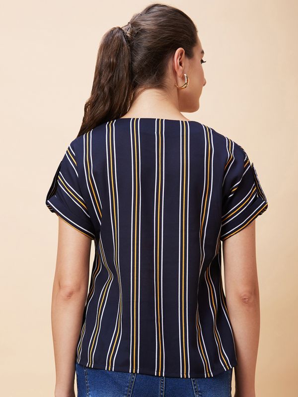 Globus Women Navy Striped V-Neck Casual Top