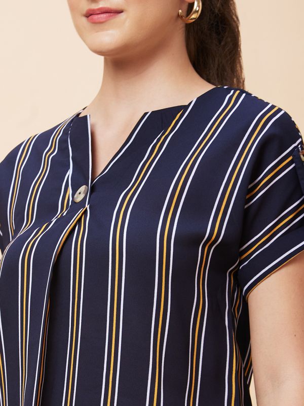 Globus Women Navy Striped V-Neck Casual Top