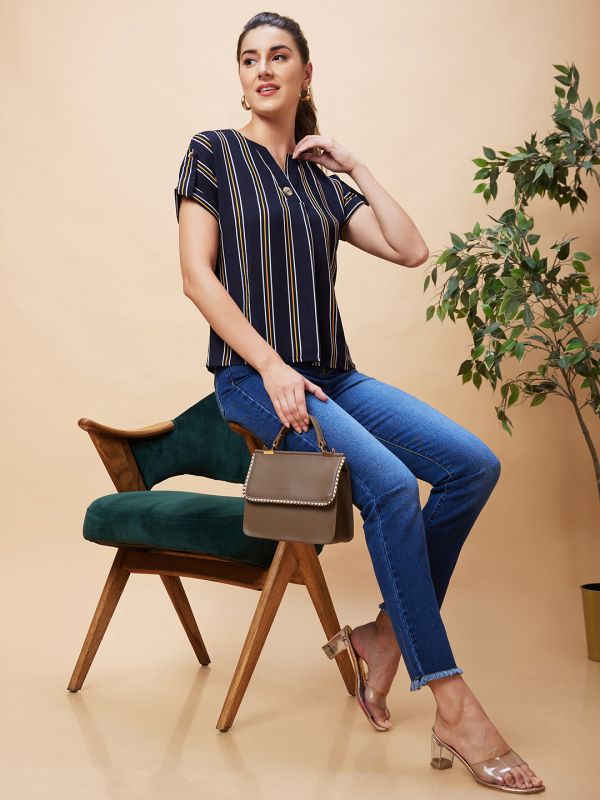 Globus Women Navy Striped V-Neck Casual Top