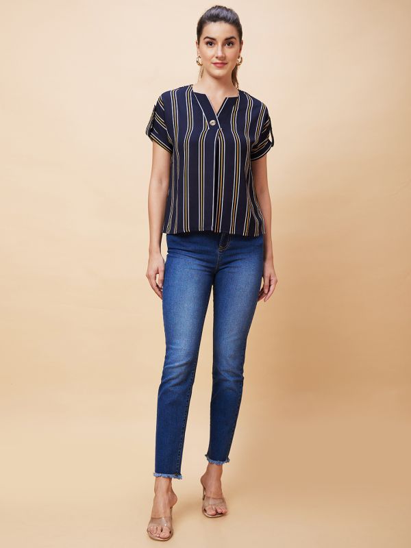 Globus Women Navy Striped V-Neck Casual Top