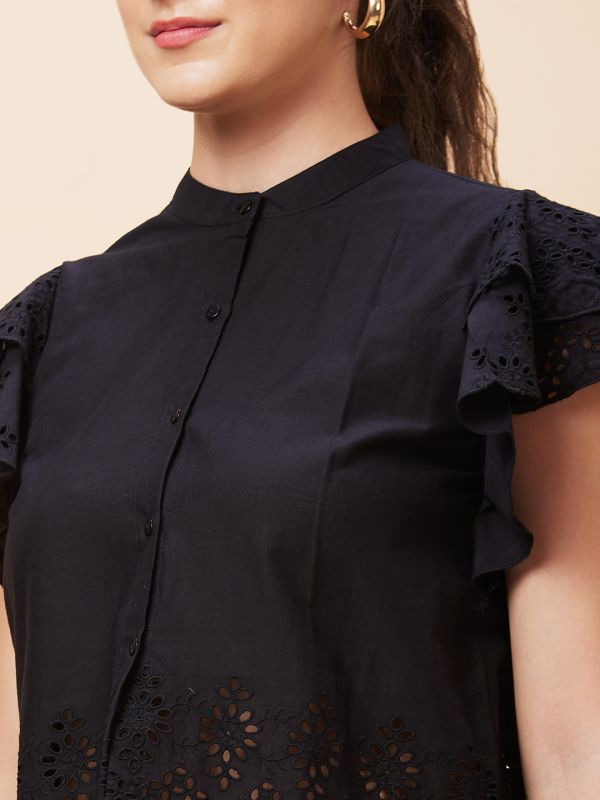 Globus Women Black Schiffli Self Design Mandarin Collar Casual Shirt Style Crop Top