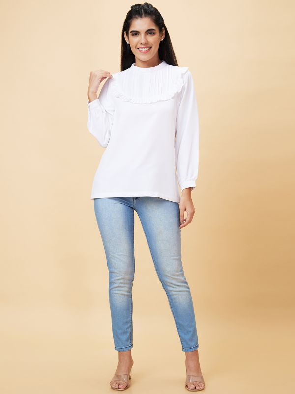 Globus Women Off White Solid High Neck Casual Top