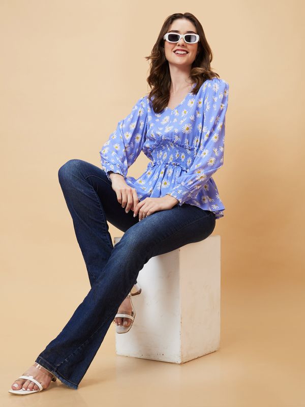 Globus Women Blue Floral Print Smocked Top