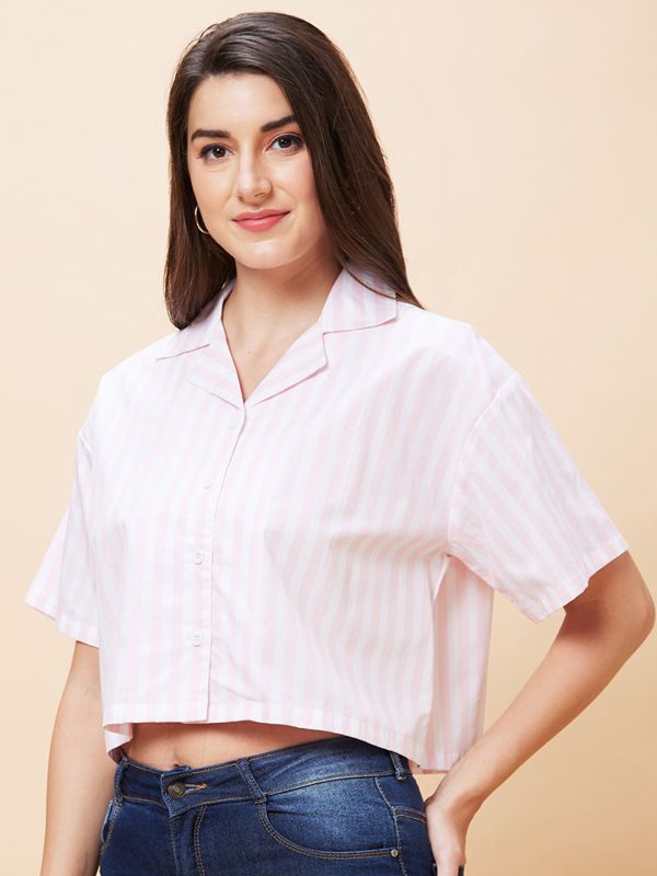 Globus Women White Striped Casual Shirt Style Crop Top