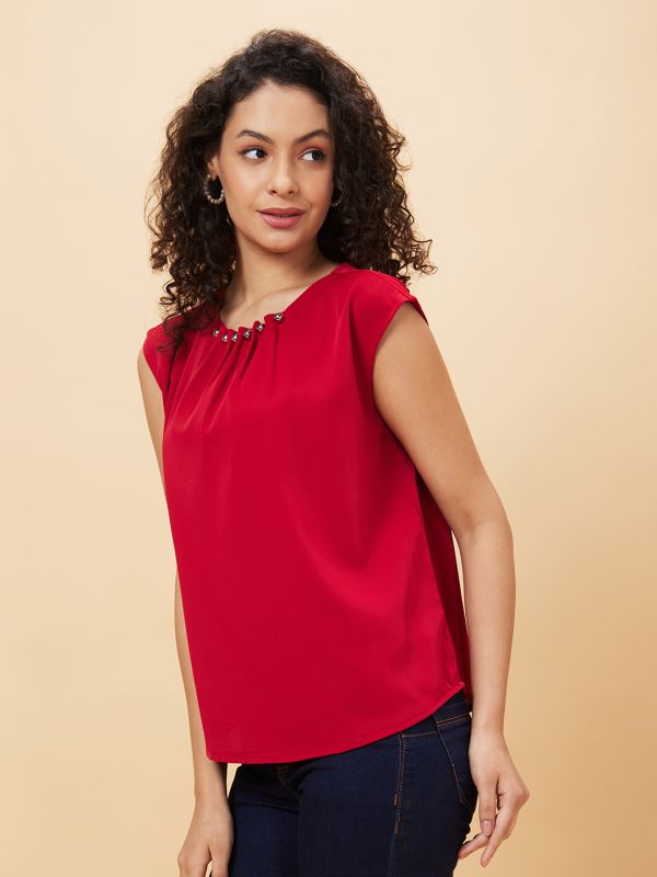 Globus Women Maroon Gathered & Pleated Stylish Neck Top