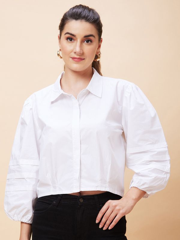 Globus Women White Solid Casual Shirt Style Crop Top