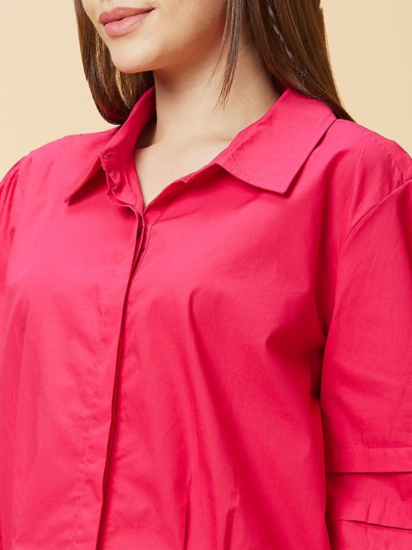 Globus Women Pink Solid Shirt Collar Casual Top