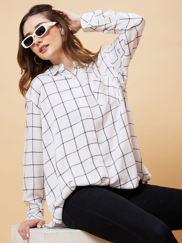 Globus Women White Checked Oversized Shirt Style Top