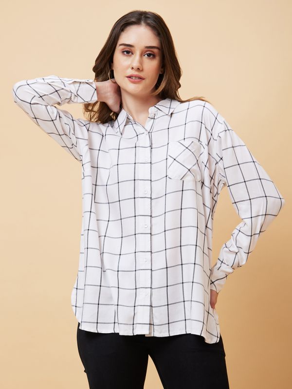 Globus Women White Checked Oversized Shirt Style Top