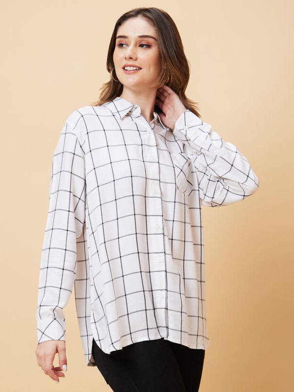 Globus Women White Checked Oversized Shirt Style Top