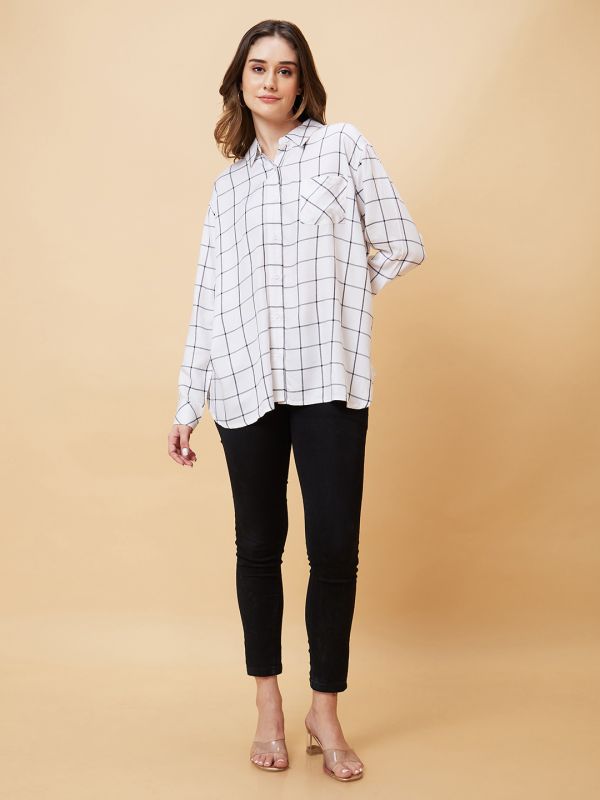 Globus Women White Checked Oversized Shirt Style Top