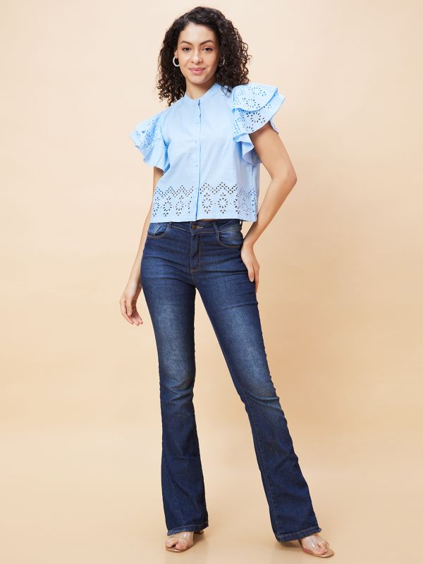 Globus Women Blue Solid Schiffli Mandarin Collar Casual Shirt Style Top