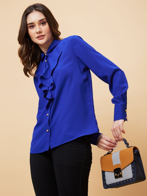 Globus Women Blue Cuffed Sleeves Ruffles Shirt Style Top