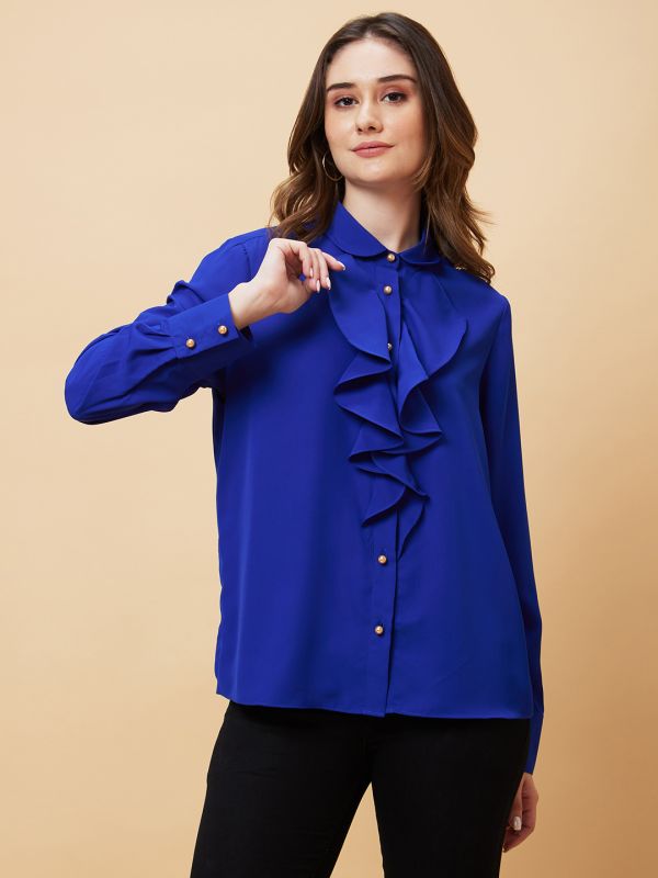 Globus Women Blue Cuffed Sleeves Ruffles Shirt Style Top