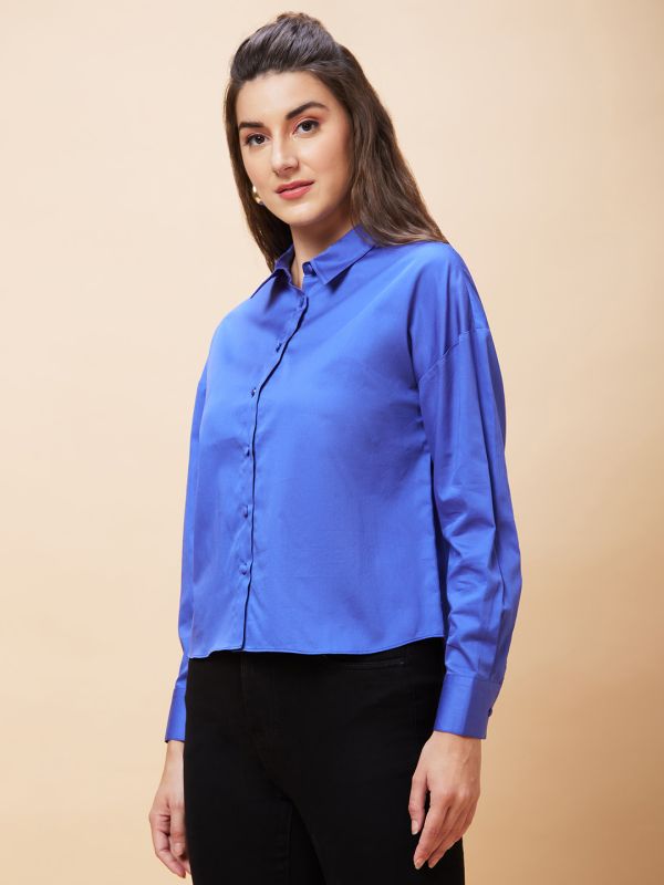 Globus Women Blue Solid Casual Button Down Shirt Style Top