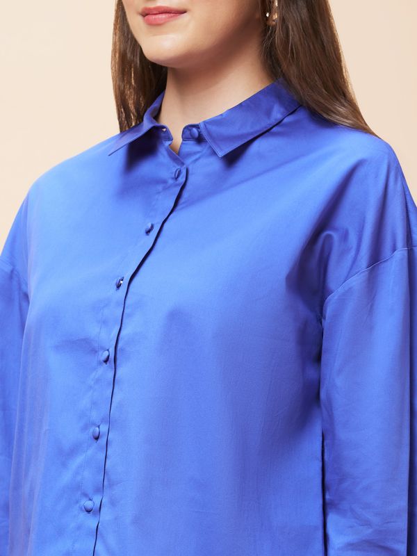 Globus Women Blue Solid Casual Button Down Shirt Style Top