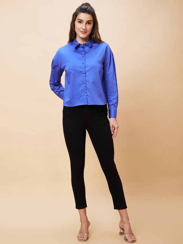 Globus Women Blue Solid Casual Button Down Shirt Style Top