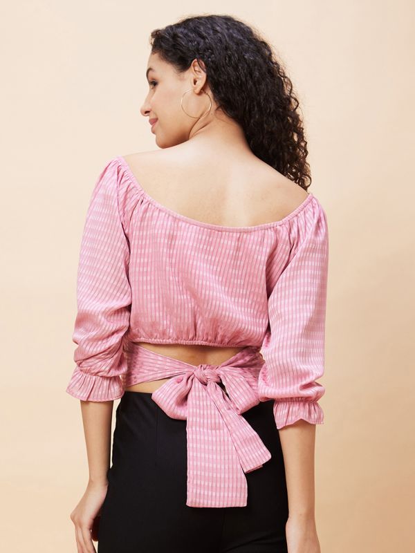 Globus Women Pink Checked V-Neck Waist Back Tie Up Casual Crop Top
