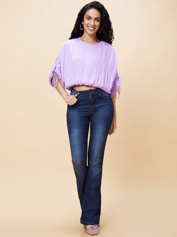 Globus Women Lavender Solid Round Neck Ruched Tie-Up Casual Crop Top