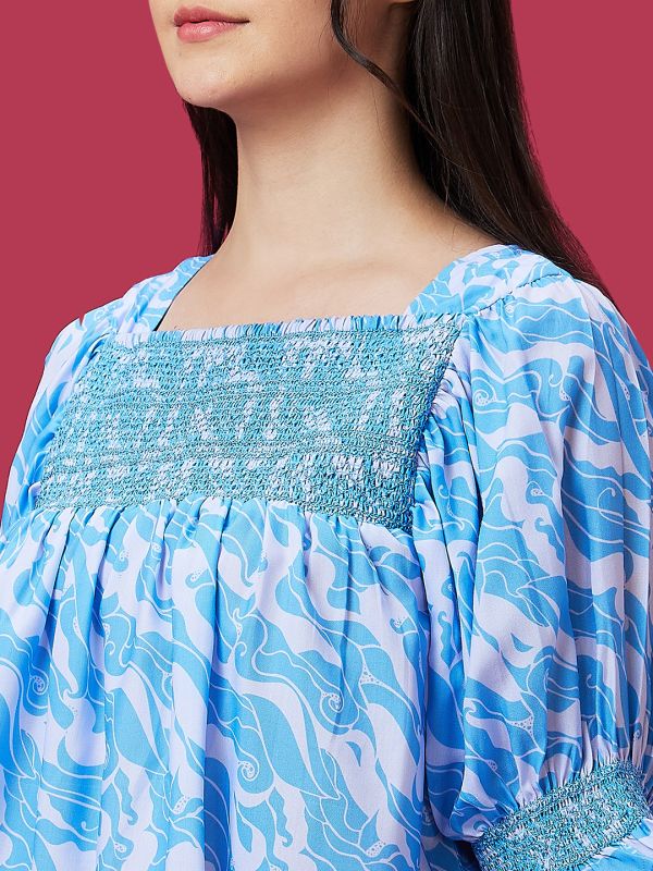Globus Women Blue Abstract Print Smocked Casual Top