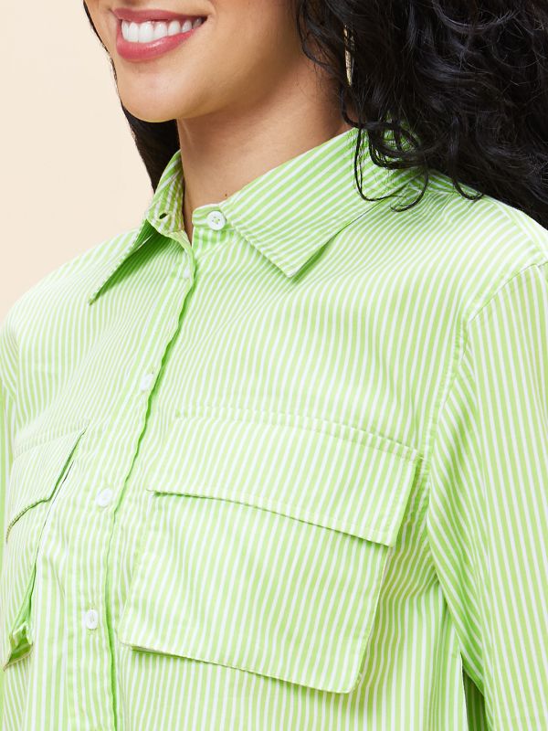 Globus Women Green Striped Casual Shirt Style Crop Top