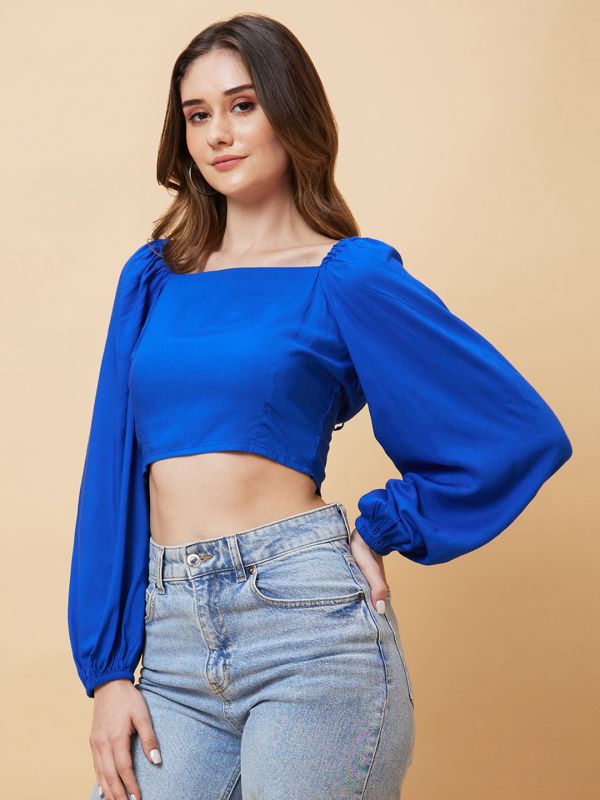 Globus Women Solid Royal Blue Balloon Sleeve Crop Top