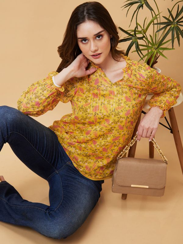 Globus Women Yellow Floral Printed Ruffle Collar Top