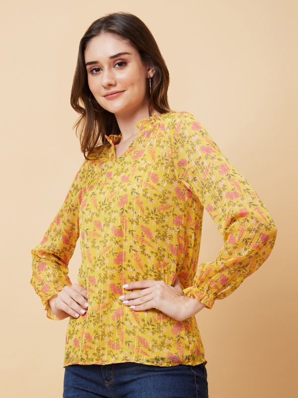 Globus Women Yellow Floral Printed Ruffle Collar Top