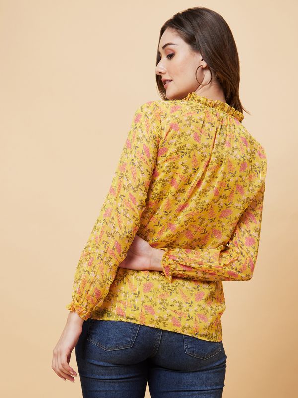 Globus Women Yellow Floral Printed Ruffle Collar Top